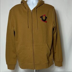 True Religion Men’s Size Large Brown Zip Front Hoodie with Large Graphic on Back